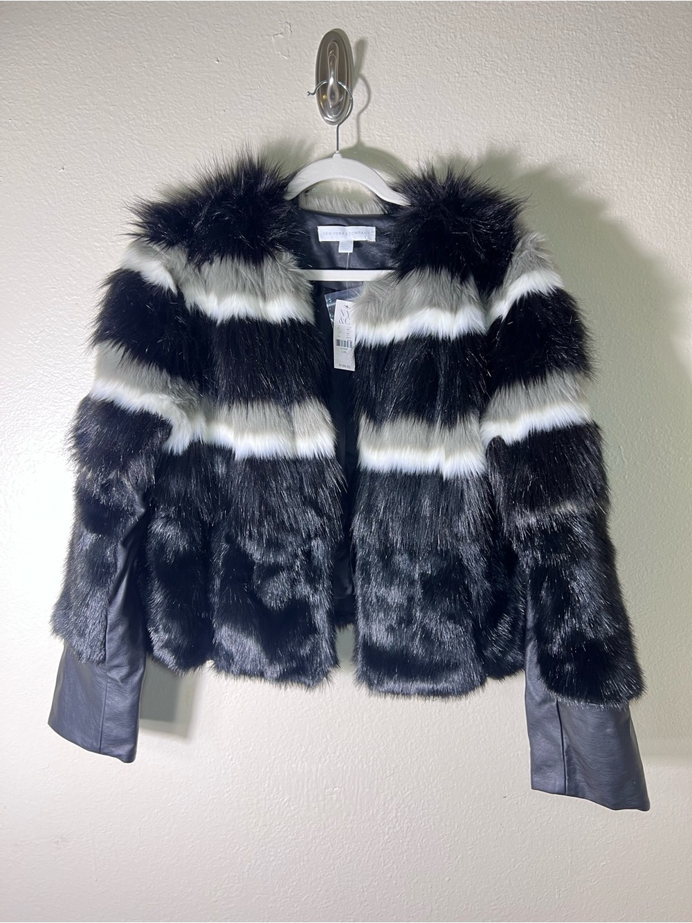 New York & Company Black and White Faux Fur Stripe Jacket size L/XL